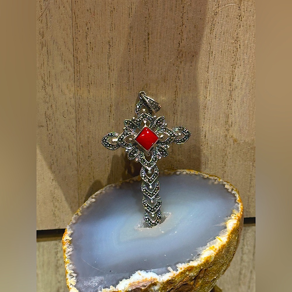 925 red coral marcasite cross pendant